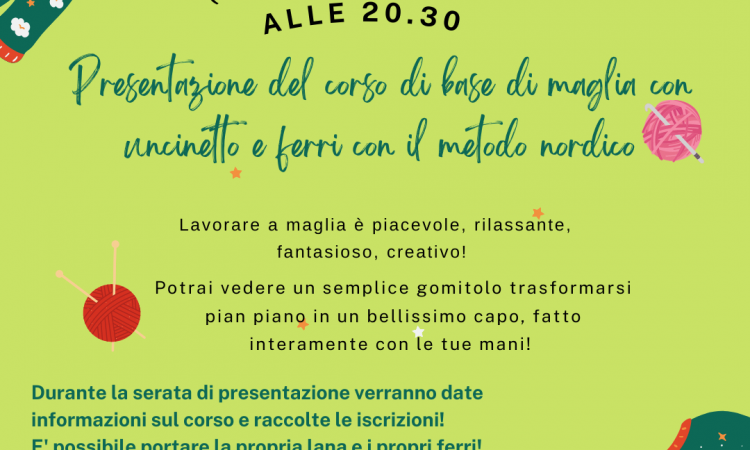 locandina della serata di presentazione del corso di maglia